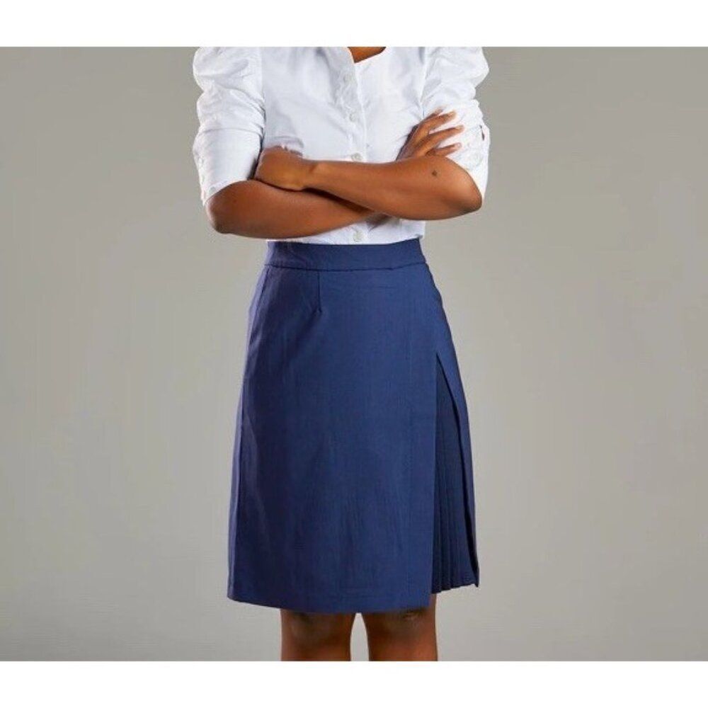 Seragyi Size 12 Navy Blue Wool Stretch Partial Pleated Skirt Zips Lined NWT